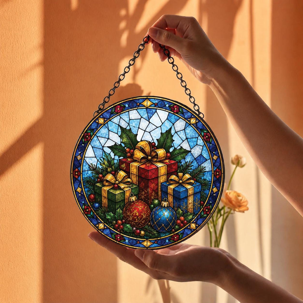 May include: A circular stained glass suncatcher featuring a festive holiday scene with three wrapped gift boxes in red, green, and blue, accented by gold ribbons, holly leaves, and two decorative ornaments, all suspended by a black metal chain.