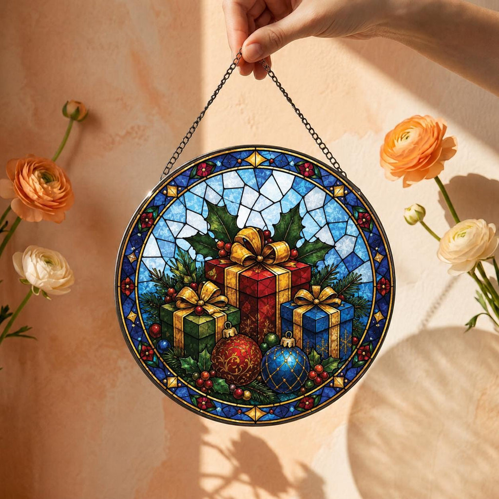 May include: A circular stained glass suncatcher featuring a festive holiday scene with three wrapped gift boxes in red, green, and blue, accented by gold ribbons, holly leaves, and two decorative ornaments, all suspended by a thin metal chain.