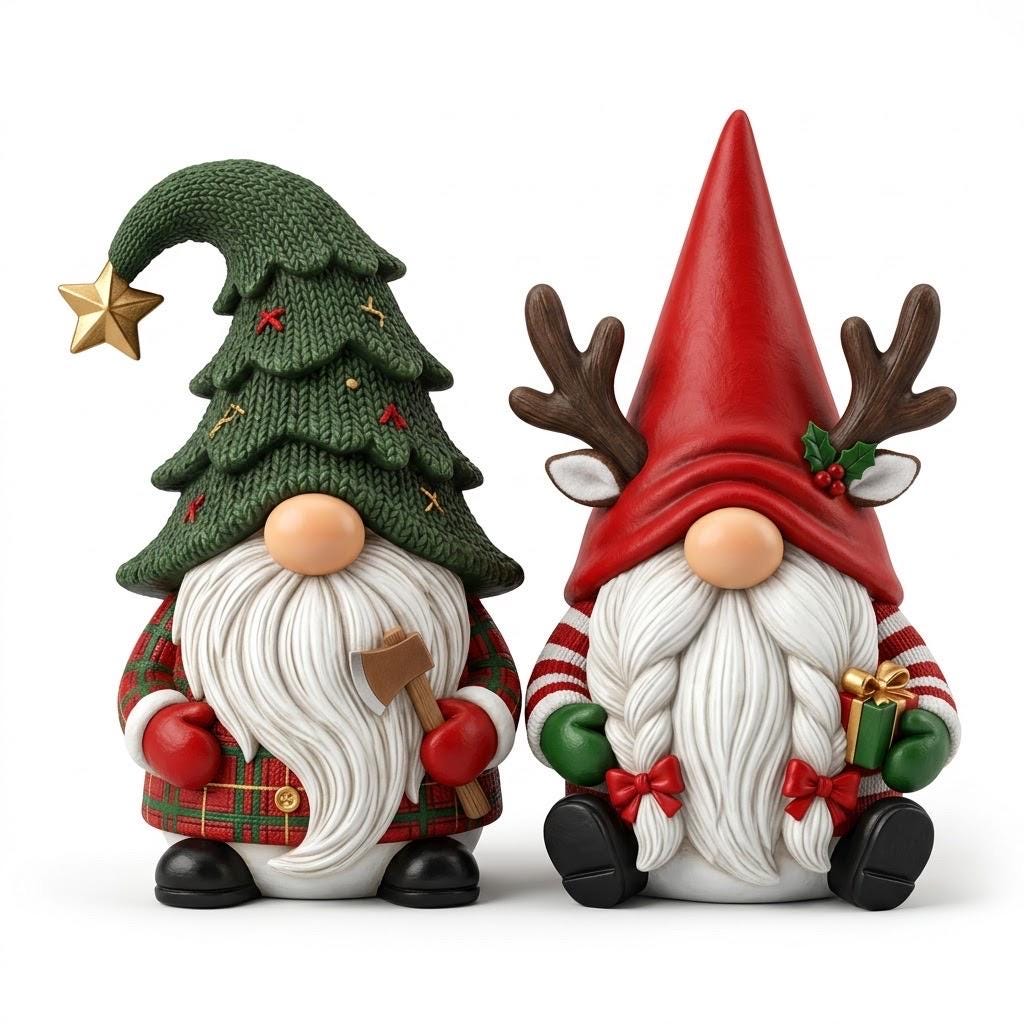 May include: Two decorative gnome figurines. The left gnome wears a green knit-textured tree hat with a gold star and a red plaid shirt, holding a small axe. The right gnome wears a red hat with reindeer antlers and holds a small gift.