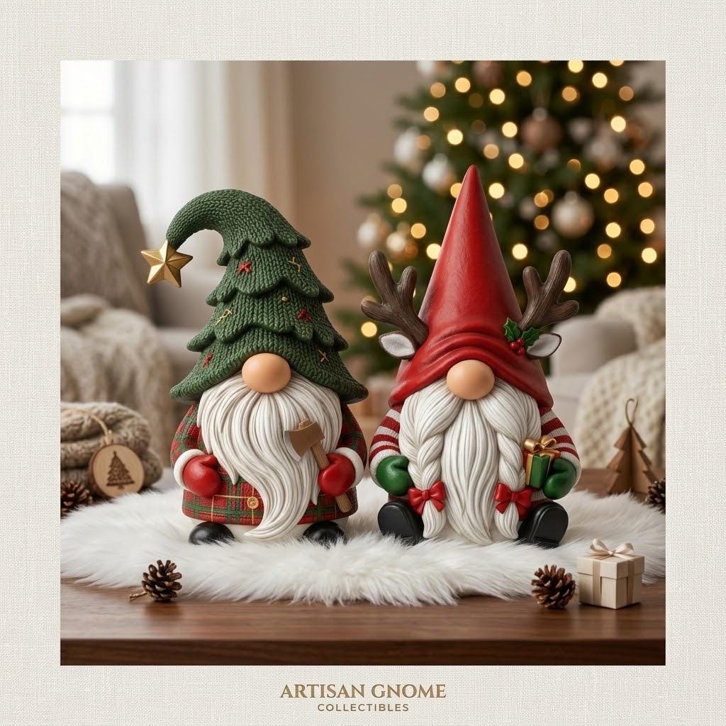 May include: Two decorative gnome figurines. The left gnome wears a green tree-shaped hat with a gold star and a plaid outfit, holding a small axe. The right gnome wears a red hat with reindeer antlers and holds a small gift box.