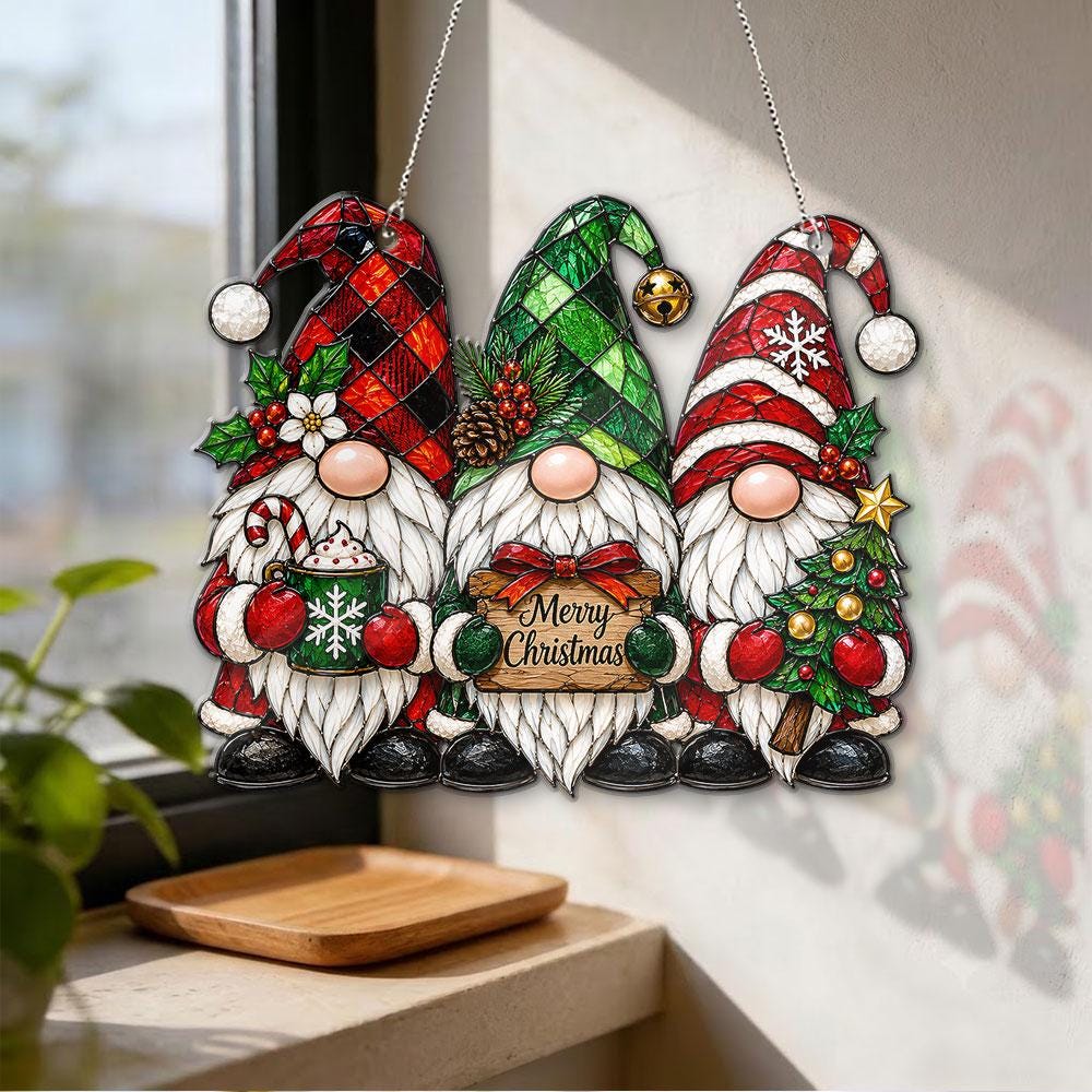 May include: A hanging decoration featuring three gnomes with white beards and pointed hats in red plaid, green, and red-and-white stripes. The gnomes hold a candy cane mug, a sign reading Merry Christmas, and a decorated Christmas tree.