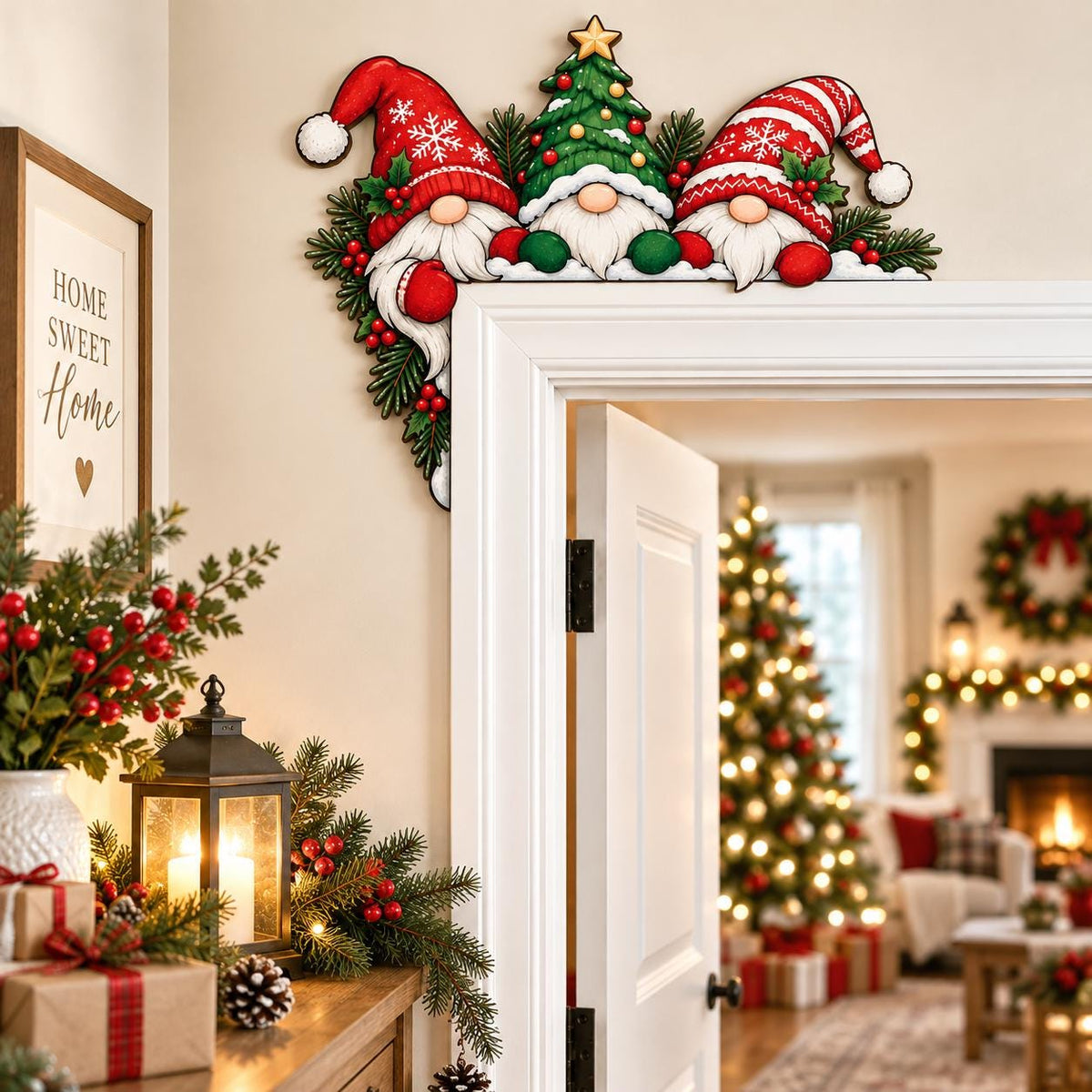 May include: A decorative wooden door corner sign featuring two gnomes wearing red and white hats flanking a central green Christmas tree with a yellow star topper, accented with pine branches and red berries, designed to fit the corner of a door frame.