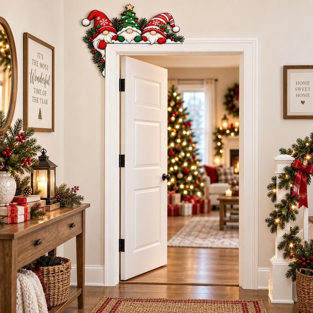 May include: A decorative wooden door corner sign featuring three Christmas gnomes wearing red and green hats, positioned around a central pine tree. The gnomes have white beards and are accented with holly leaves and berries, designed to frame a door frame.