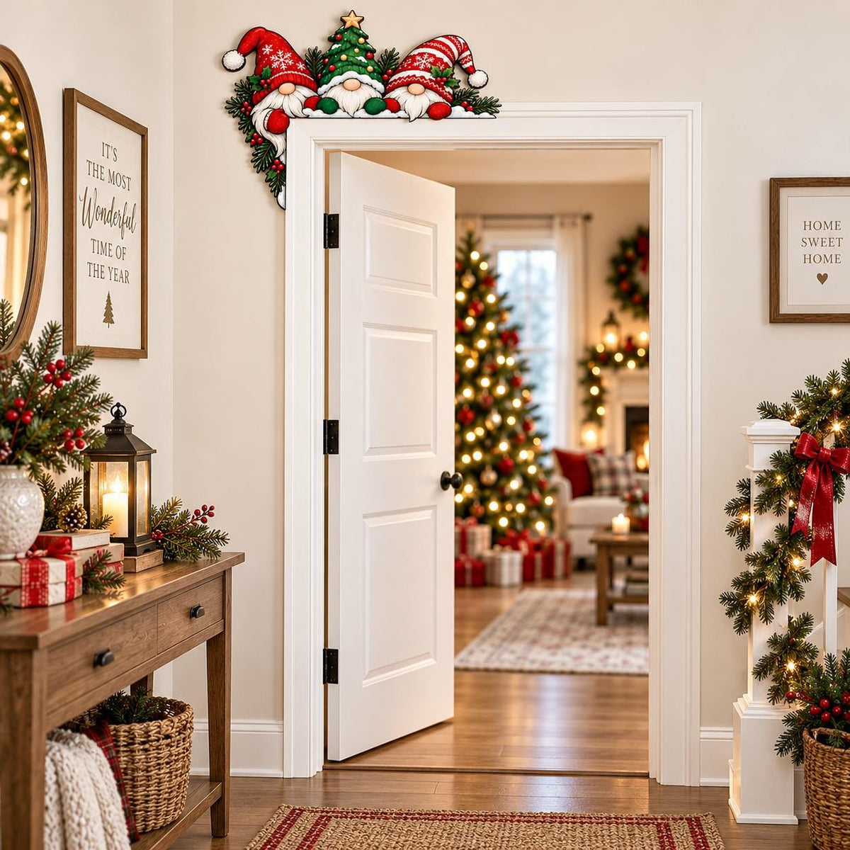 May include: A decorative wooden door corner sign featuring three Christmas gnomes wearing red and green hats, positioned around a central pine tree. The gnomes have white beards and are accented with holly leaves and berries, designed to frame a door frame.