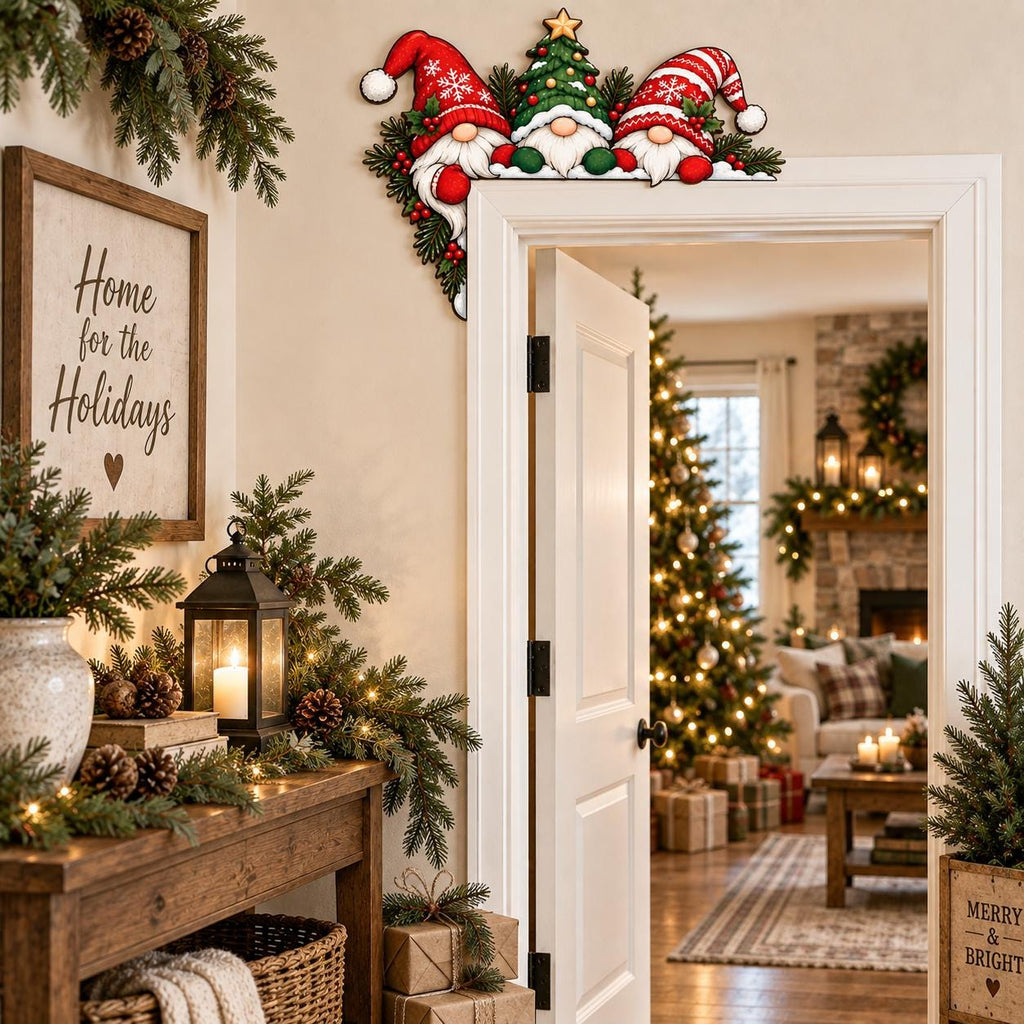 May include: A decorative wooden door corner sign featuring three gnomes wearing red and white holiday hats, positioned around a central Christmas tree with a gold star topper, accented with green pine branches and red berries.