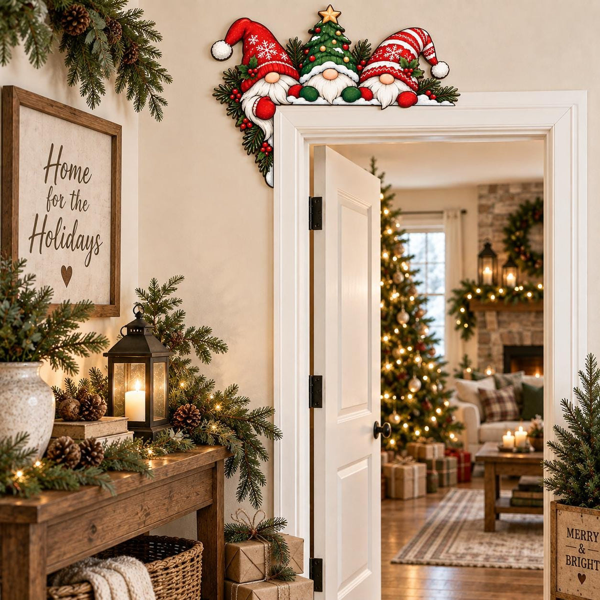 May include: A decorative wooden door corner sign featuring three gnomes wearing red and white holiday hats, positioned around a central Christmas tree with a gold star topper, accented with green pine branches and red berries.