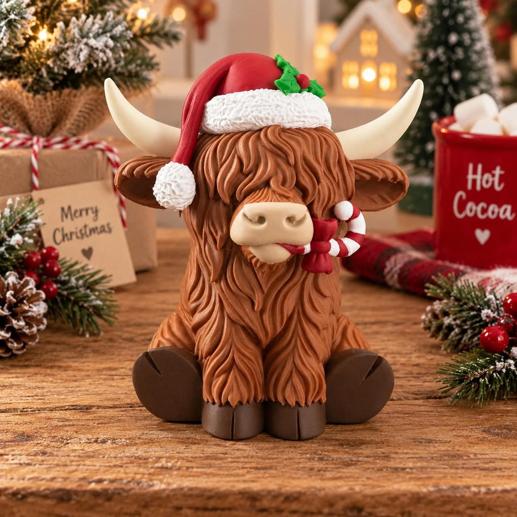 May include: A brown Highland cow figurine with long shaggy fur, cream-colored horns, and dark brown hooves. The cow wears a red and white Santa hat with green holly leaves and holds a red and white striped candy cane in its mouth.