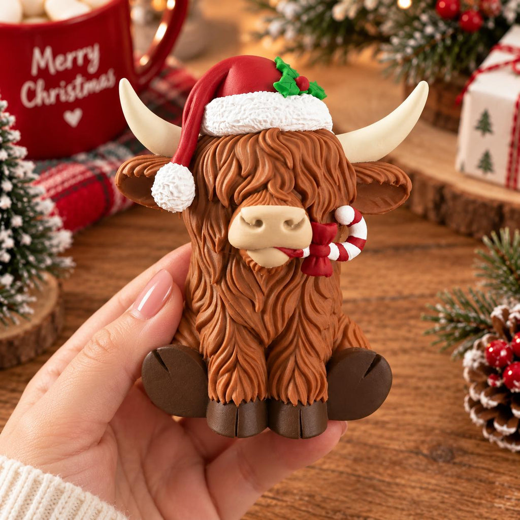 May include: A brown Highland cow figurine wearing a red and white Santa hat with a green holly accent. The cow has long horns, textured fur, and is holding a red and white striped candy cane in its mouth. The figurine features dark brown hooves.