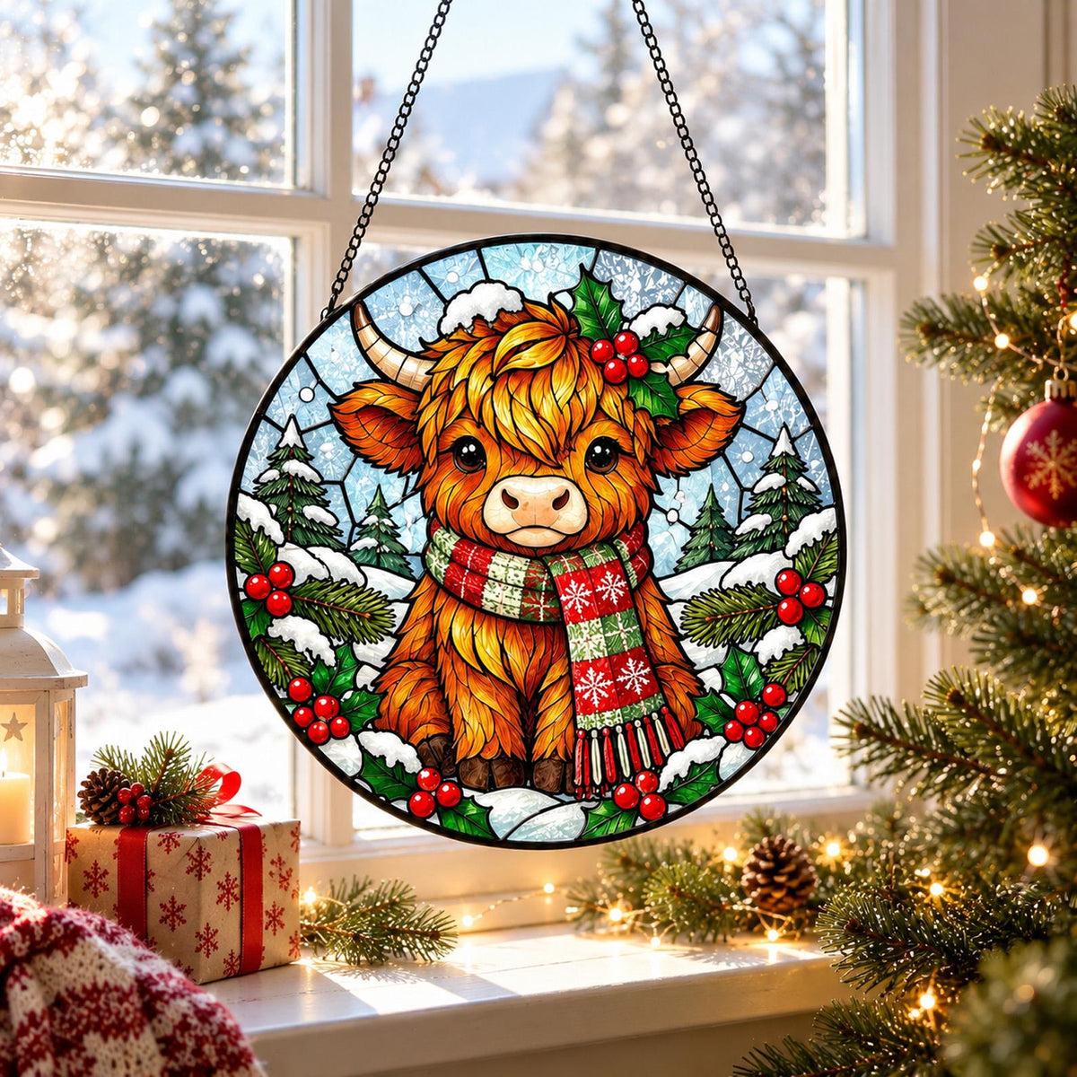 May include: A circular stained glass suncatcher featuring a fluffy ginger Highland cow wearing a red and green plaid scarf with snowflake patterns, surrounded by snowy pine trees, holly berries, and leaves, suspended by a black metal chain.