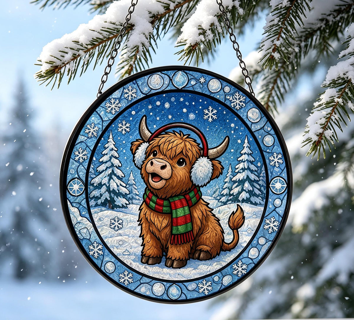 May include: A circular hanging ornament featuring a brown Highland cow wearing red earmuffs and a red and green striped scarf. The background depicts a snowy winter forest scene with pine trees, all enclosed within a decorative blue border.