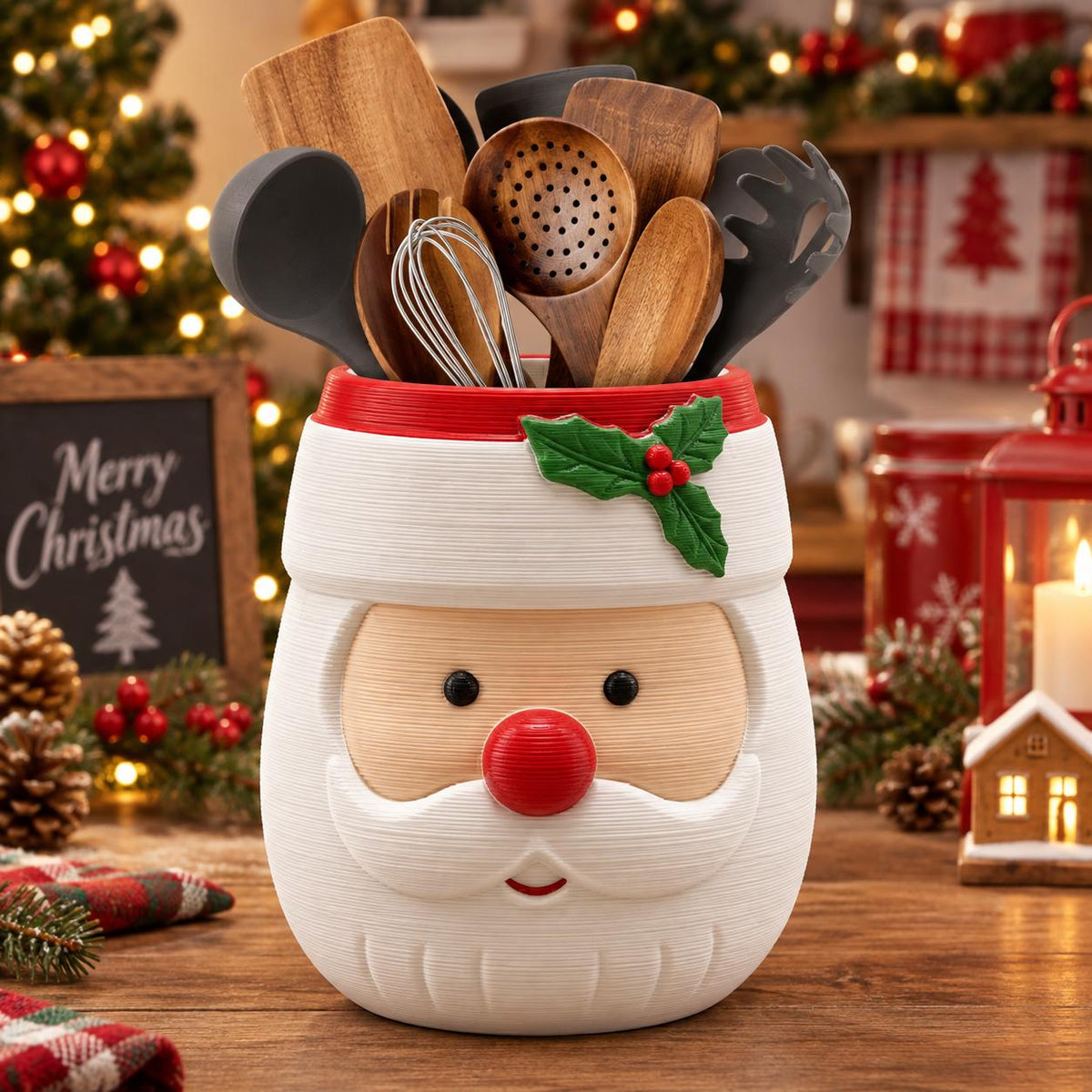 May include: A white ceramic utensil holder shaped like a Santa Claus face with a red nose, a white mustache, and a green holly sprig with red berries. The holder is filled with various kitchen tools, including wooden spoons and a metal whisk.