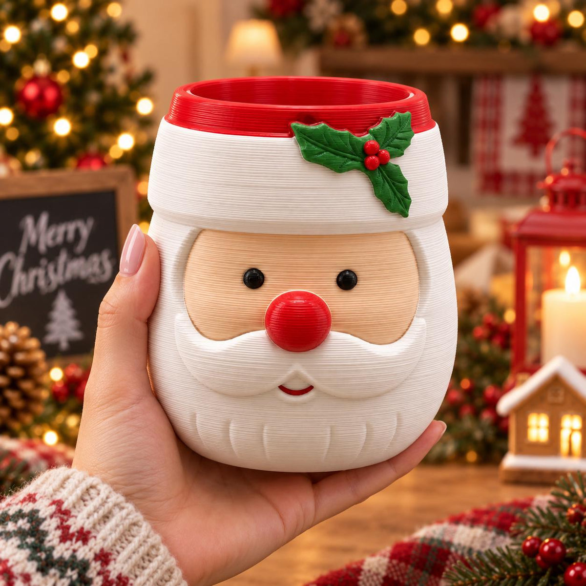 May include: A cylindrical cup designed as a Santa Claus face, featuring a red rim, a white hat brim with green holly leaves and red berries, a beige face, black eyes, a round red nose, and a white mustache and beard with a textured finish.