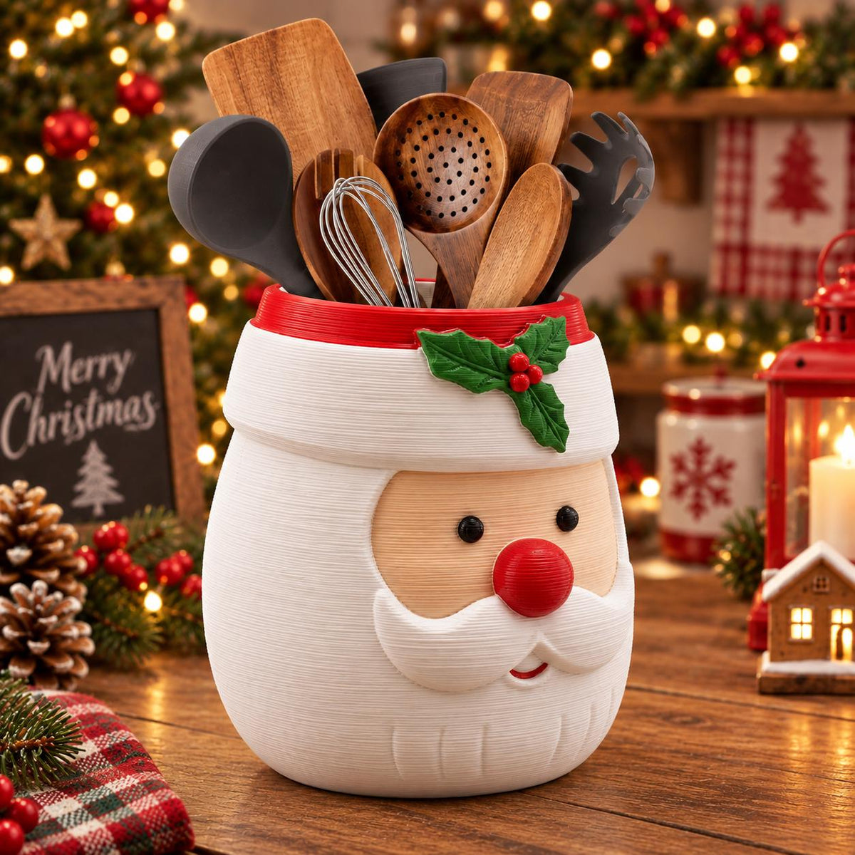 May include: A white ceramic utensil holder shaped like a Santa Claus face with a red rim, featuring a green holly leaf and red berry accent. The container is filled with various kitchen tools, including wooden spoons, a whisk, and black silicone utensils.