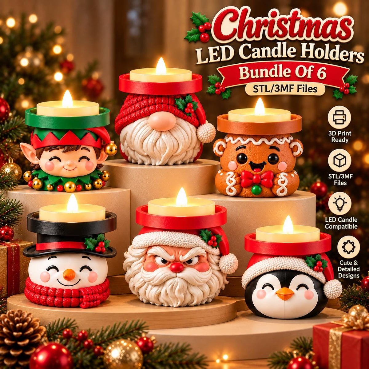 May include: A bundle of six Christmas LED candle holders featuring sculpted characters including an elf, a gnome, a gingerbread person, a snowman, Santa Claus, and a penguin, each topped with a yellow LED tea light candle.