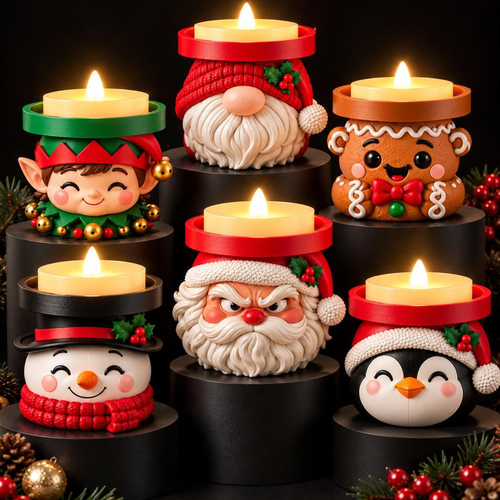 May include: A collection of six decorative candle holders featuring sculpted holiday characters including an elf, a gnome, a gingerbread person, a snowman, Santa Claus, and a penguin, each topped with a glowing yellow tea light candle.