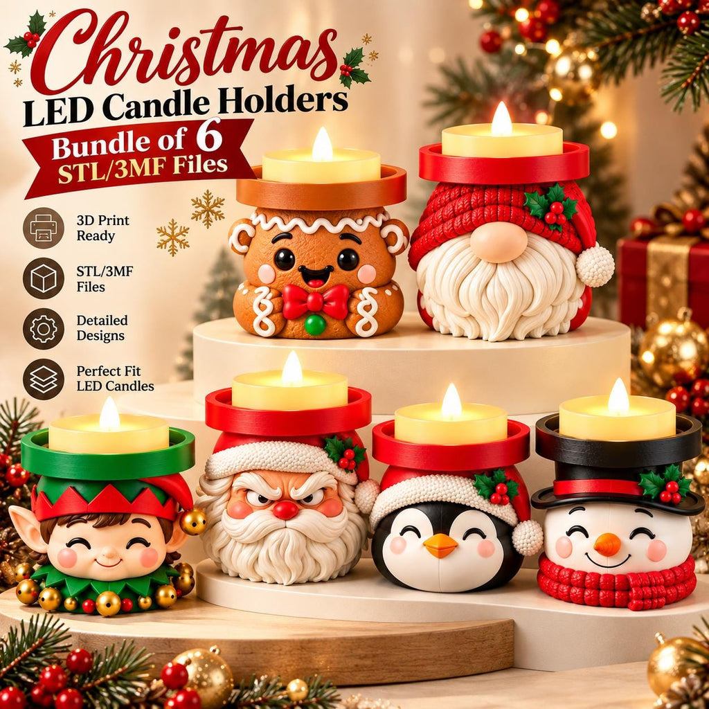 May include: A bundle of 6 Christmas LED candle holders featuring 3D printable designs of a gingerbread person, gnome, elf, Santa Claus, penguin, and snowman. Each holder includes a yellow LED tea light and displays festive holiday colors.