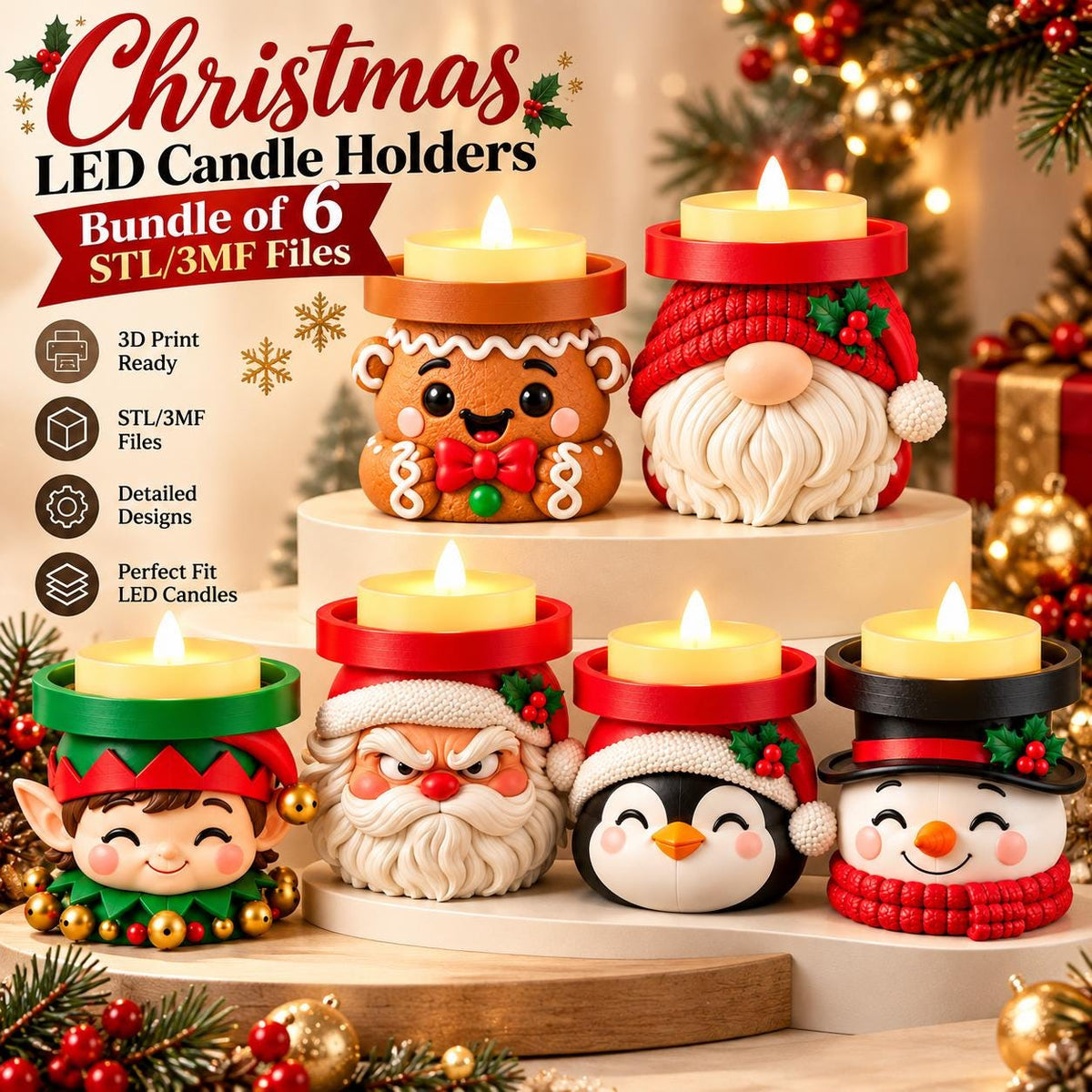 May include: A bundle of 6 Christmas LED candle holders featuring 3D printable designs of a gingerbread person, gnome, elf, Santa Claus, penguin, and snowman. Each holder includes a yellow LED tea light and displays festive holiday colors.