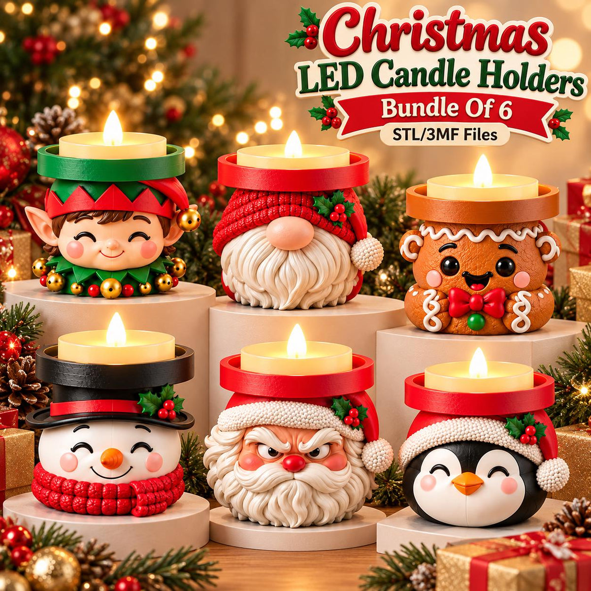 May include: A bundle of six Christmas LED candle holders featuring sculpted characters including an elf, a gnome, a gingerbread person, a snowman, Santa Claus, and a penguin. Each holder has a top ring for a candle and festive holiday details.