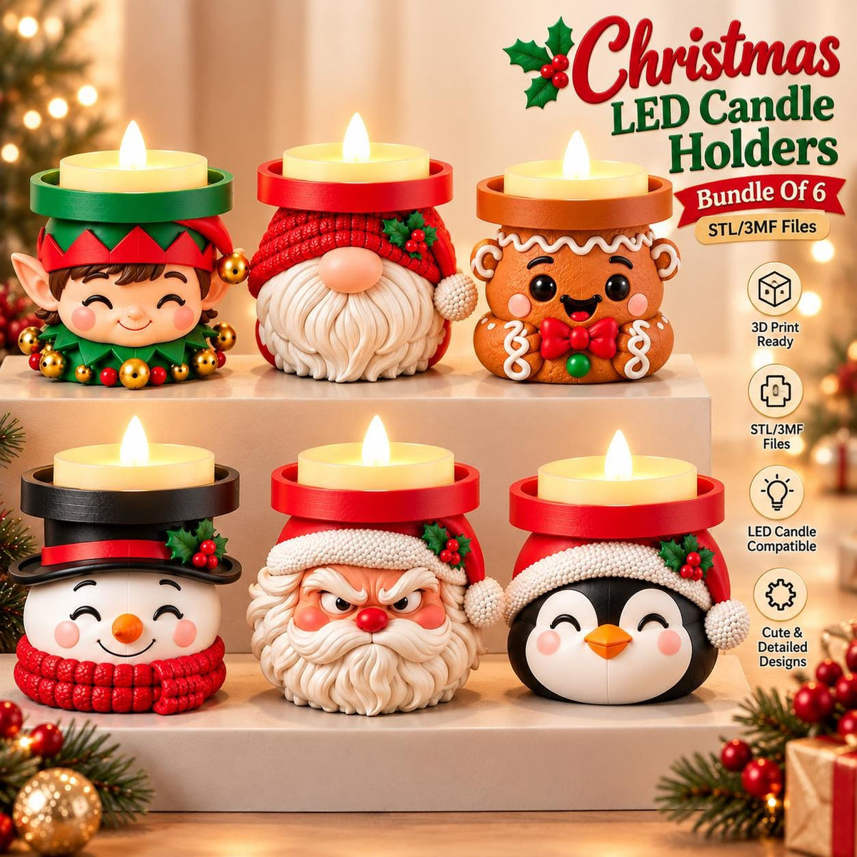 May include: A bundle of six Christmas LED candle holders featuring sculpted characters including an elf, a gnome, a gingerbread person, a snowman, Santa Claus, and a penguin. Each holder has a flat top for a candle and festive holiday details.