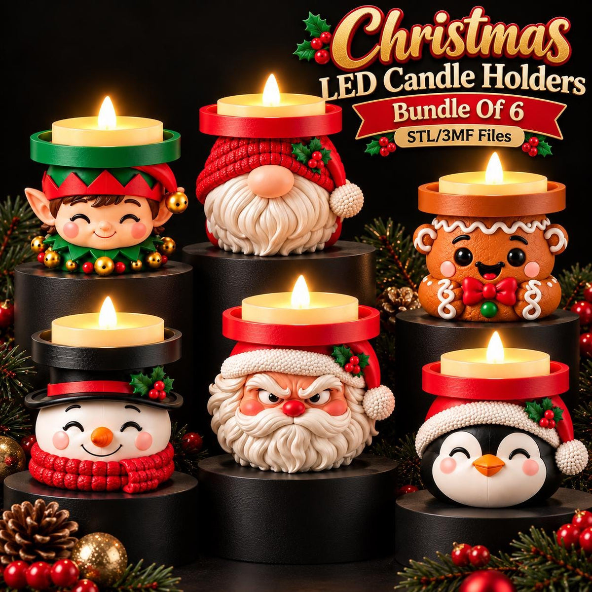 May include: A bundle of six Christmas LED candle holders featuring sculpted figures of an elf, gnome, gingerbread person, snowman, Santa Claus, and penguin, each topped with a glowing yellow tea light and labeled with the text Christmas LED Candle Holders Bundle Of 6 STL/3MF Files.