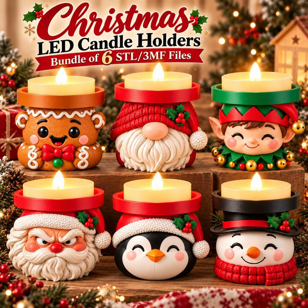 May include: A set of six Christmas LED candle holders featuring characters including a gingerbread person, gnome, elf, Santa Claus, penguin, and snowman. Each holder has a red or black top rim and holds a glowing LED candle.