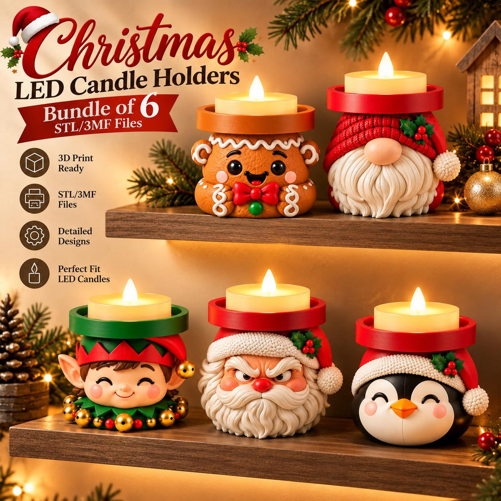 May include: A bundle of 6 Christmas LED candle holders featuring 3D print ready STL and 3MF files. The designs include a gingerbread person, a gnome, an elf, Santa Claus, and a penguin, each topped with a glowing white LED tea light candle.