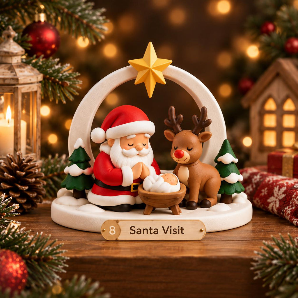 May include: A decorative tabletop figurine featuring a red-suited Santa Claus and a brown reindeer standing under a white arch topped with a yellow star. A small figure lies in a wooden cradle between them. A plaque reads 8 Santa Visit.