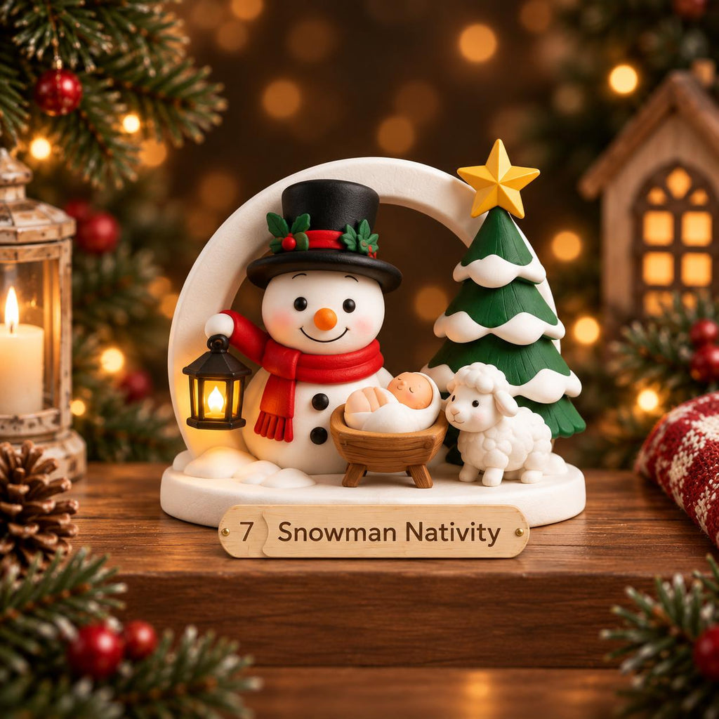 May include: A decorative figurine featuring a snowman wearing a black hat and red scarf, holding a lit lantern. Beside the snowman is a green Christmas tree with a yellow star, a small lamb, and a baby in a wooden manger. A plaque reads 7 Snowman Nativity.