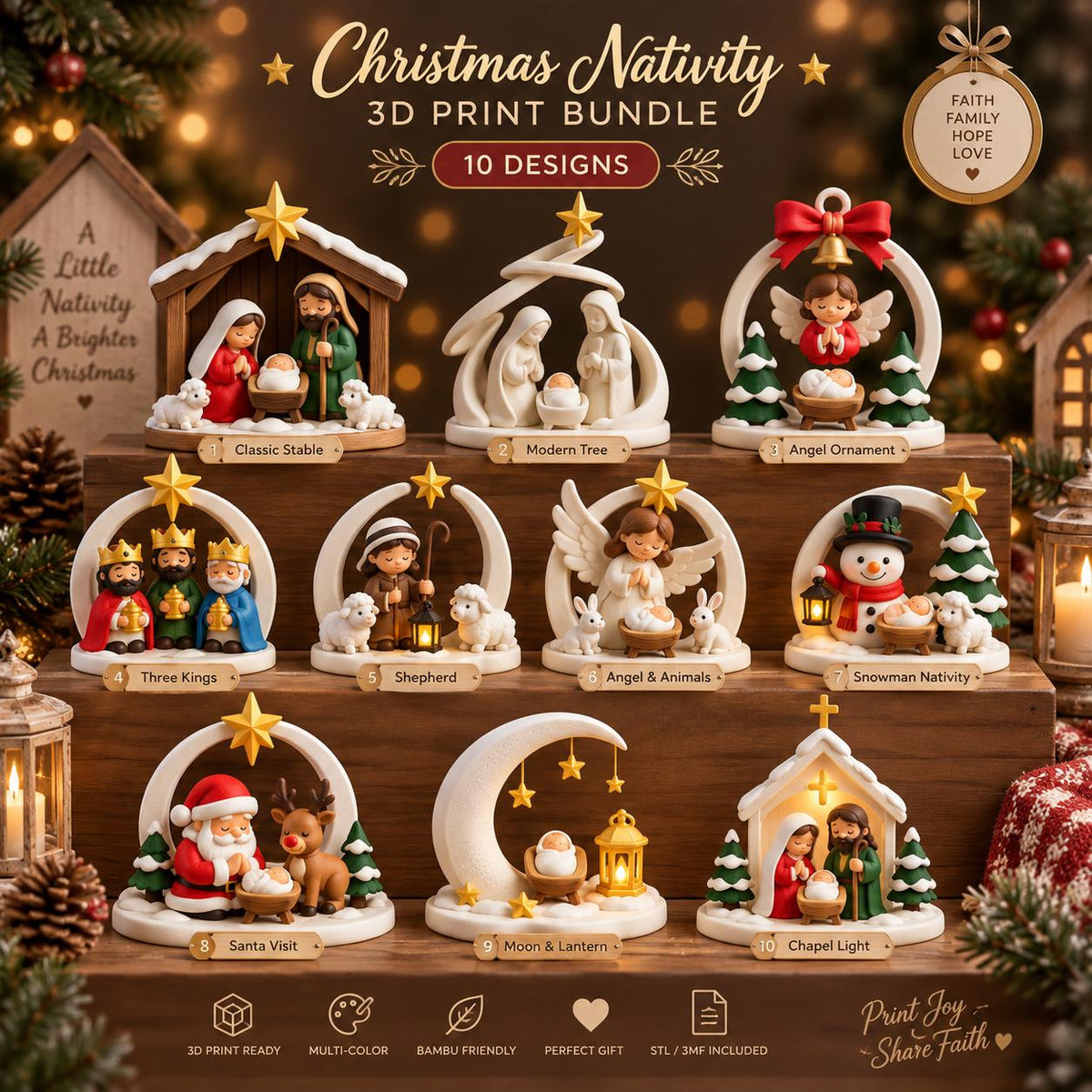 May include: A Christmas Nativity 3D print bundle featuring 10 distinct designs, including a classic stable, modern tree, angel ornament, three kings, shepherd, angel with animals, snowman, Santa visit, moon with lantern, and a chapel light.