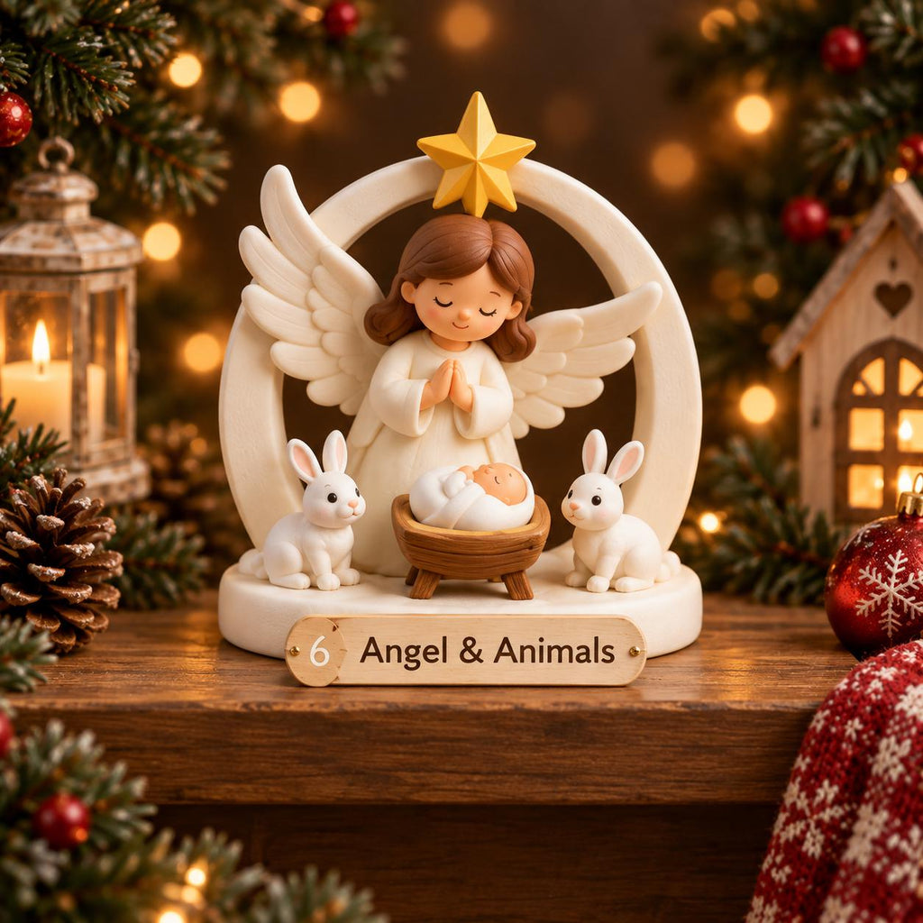 May include: A cream-colored circular figurine featuring a brown-haired angel with wings, hands clasped in prayer, standing behind a small baby in a wooden cradle. Two white rabbits sit on either side. A yellow star sits atop the arch, with a plaque reading 6 Angel & Animals.