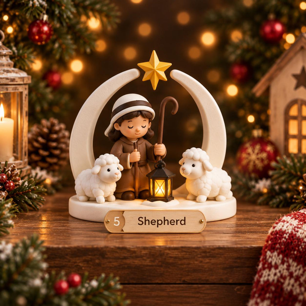 May include: A decorative figurine featuring a shepherd in brown clothing holding a staff and a lit lantern, flanked by two white sheep. The scene is framed by a white arch topped with a yellow star. A plaque at the base displays the number 5 and the text Shepherd.