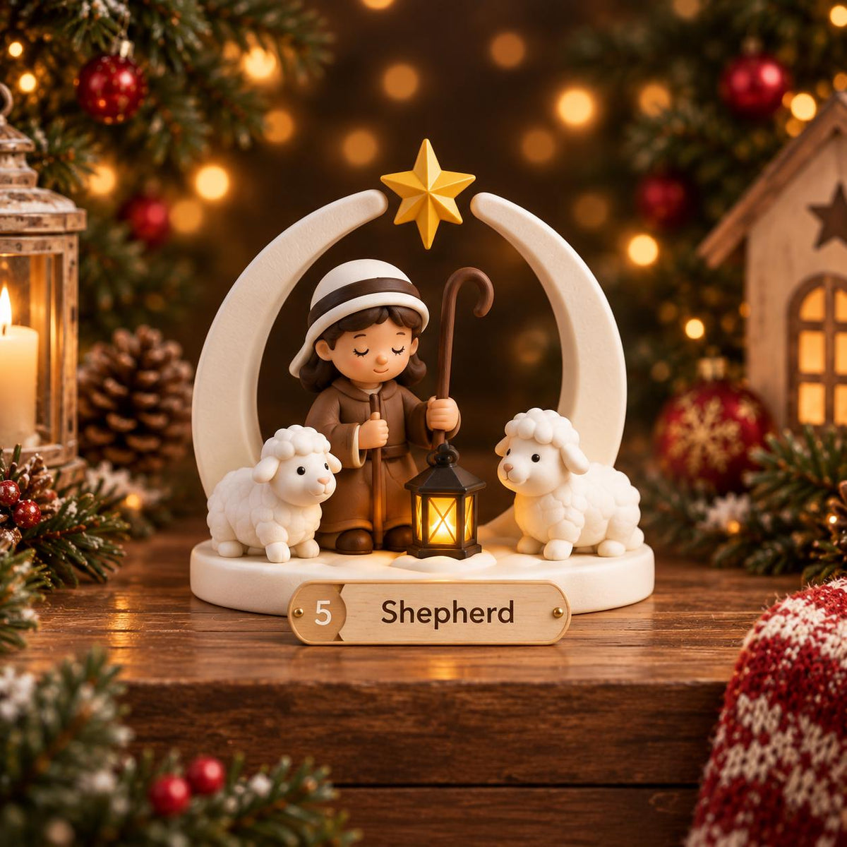 May include: A decorative figurine featuring a shepherd in brown clothing holding a staff and a lit lantern, flanked by two white sheep. The scene is framed by a white arch topped with a yellow star. A plaque at the base displays the number 5 and the text Shepherd.
