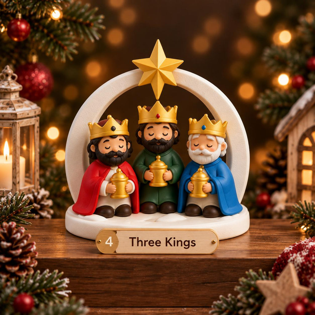 May include: A decorative figurine set featuring three kings wearing gold crowns and colorful robes, each holding a small gold vessel. The figures are positioned under a white arch topped with a gold star, with a plaque labeled 4 Three Kings.