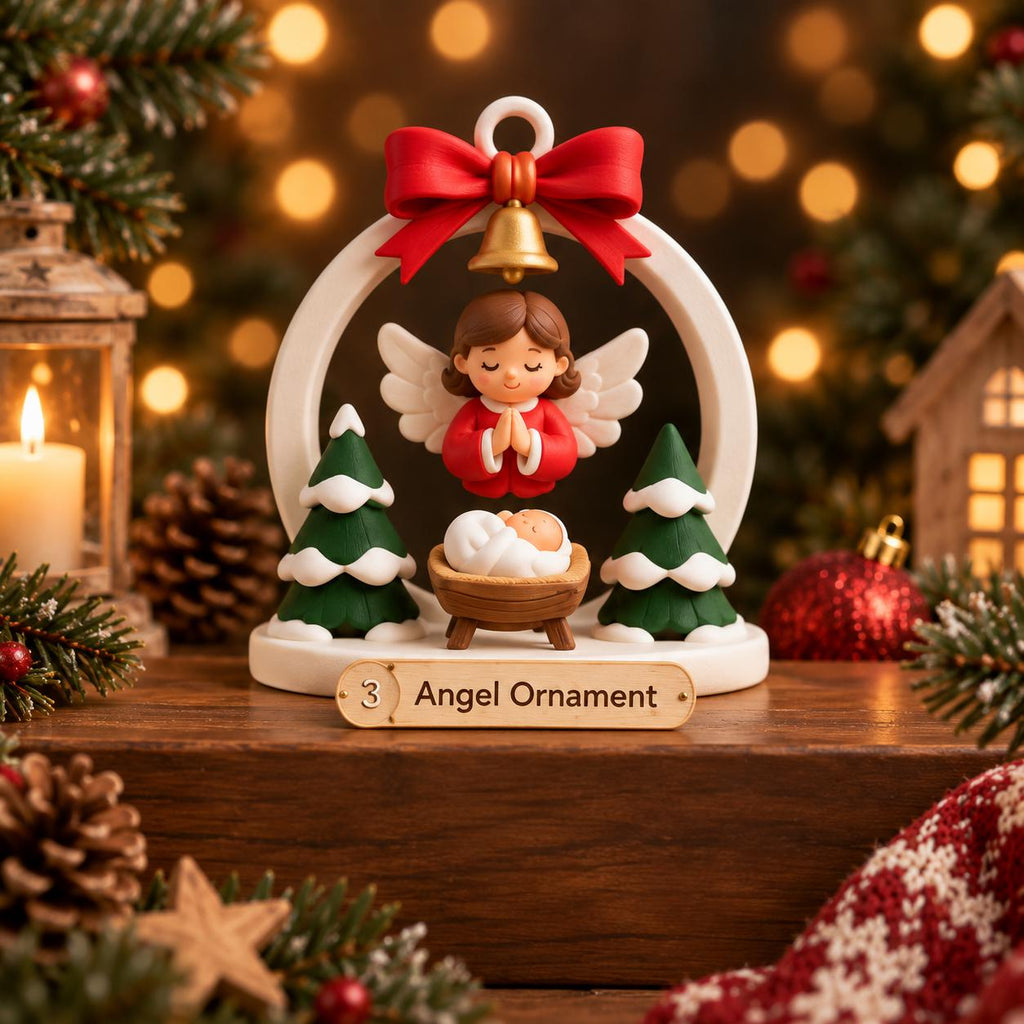 May include: A white circular ornament featuring a red bow and a gold bell at the top. An angel with brown hair and red clothing stands above a baby in a wooden manger, flanked by two green pine trees. A label at the base reads 3 Angel Ornament.
