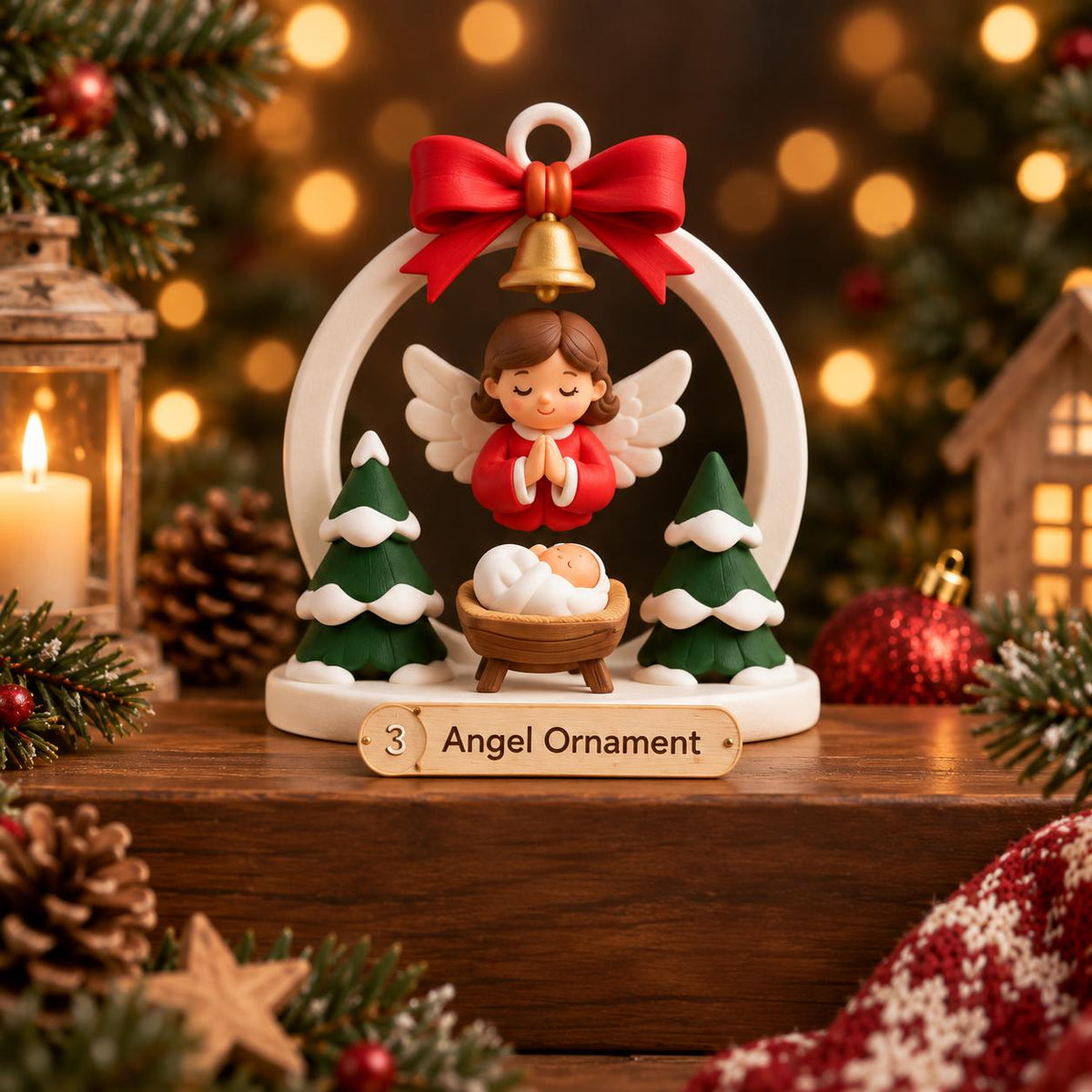 May include: A white circular ornament featuring a red bow and a gold bell at the top. An angel with brown hair and red clothing stands above a baby in a wooden manger, flanked by two green pine trees. A label at the base reads 3 Angel Ornament.