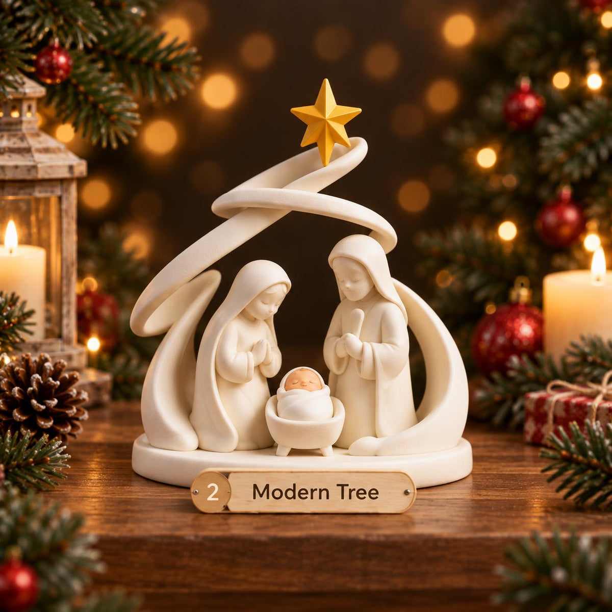 May include: A cream-colored nativity figurine featuring two figures standing over a small infant in a manger, all framed by a stylized swirling tree structure topped with a yellow star. A wooden plaque at the base displays the text 2 Modern Tree.