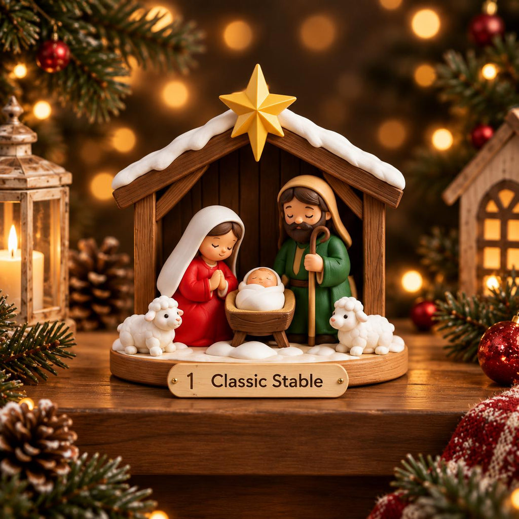 May include: A nativity scene figurine featuring a wooden stable with a yellow star on top and snow-dusted roof. Inside, figures of two adults and a baby in a manger are surrounded by two white sheep. A plaque on the base reads 1 Classic Stable.
