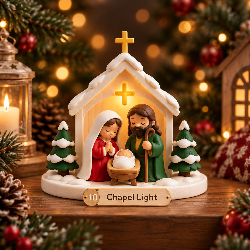 May include: A nativity scene figurine featuring a white chapel structure with a yellow cross, housing figures of a person in a red robe and a person in a green robe with a baby in a manger. Two green pine trees flank the scene, with a label reading 10 Chapel Light.