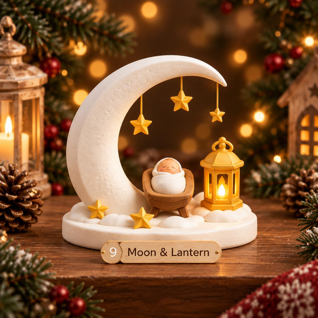 May include: A decorative figurine featuring a white crescent moon with three hanging yellow stars, a small figure in a brown cradle, and a yellow lantern with a light. A rectangular plaque at the base displays the text 9 Moon & Lantern.
