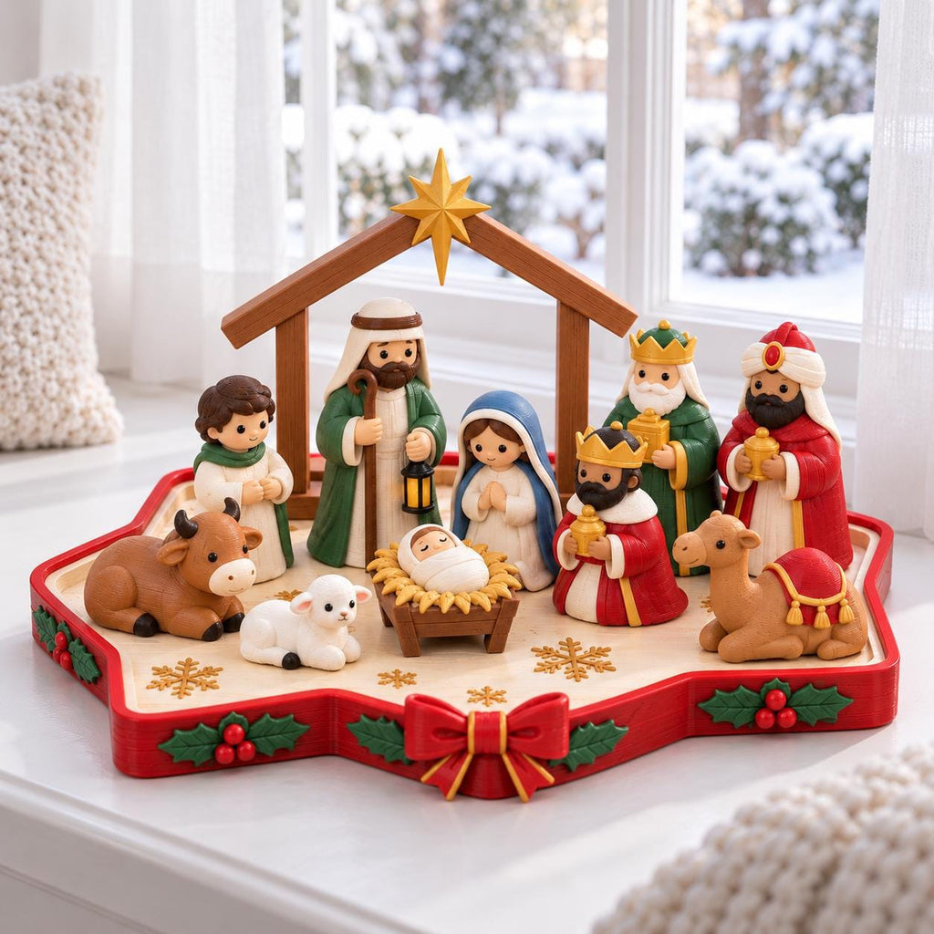 May include: A nativity scene set featuring figurines of the holy family, three wise men, a shepherd, a cow, and a lamb. The figures are arranged on a star-shaped base decorated with holly, berries, and a red bow, under a wooden stable frame.