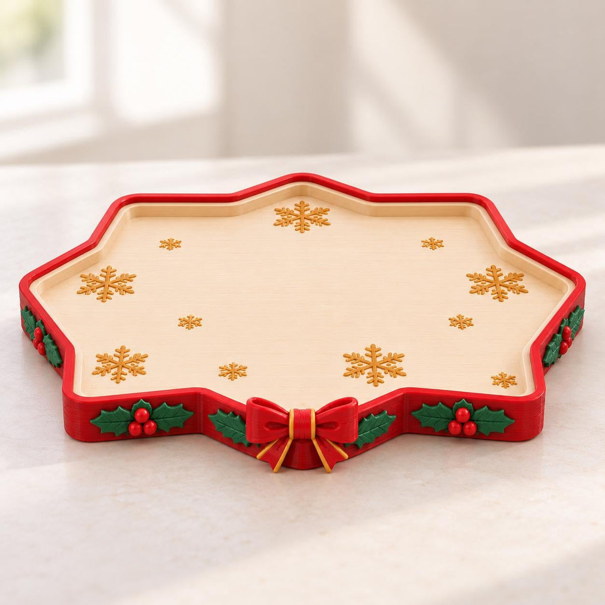 May include: A star-shaped wooden serving tray with a light beige surface featuring gold snowflake patterns. The raised red border is decorated with green holly leaves, red berries, and a prominent red bow at the front center.