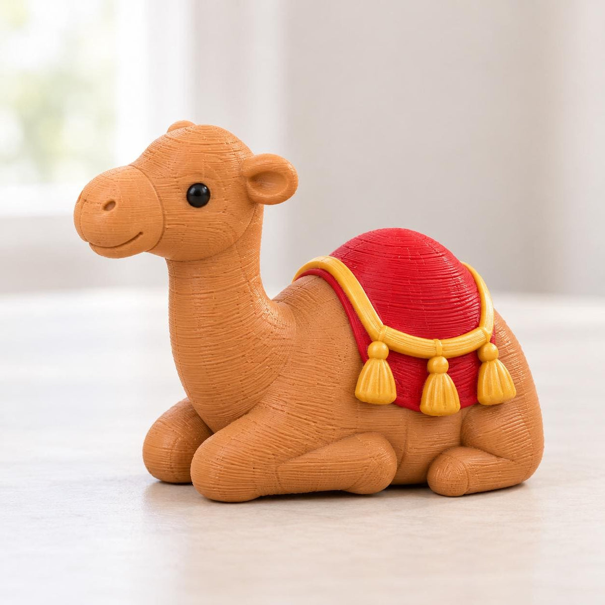 May include: A light brown camel figurine with a textured surface, featuring a bright red saddle blanket adorned with yellow trim and three hanging tassels. The camel is depicted in a seated position with a smooth, rounded snout and black eyes.