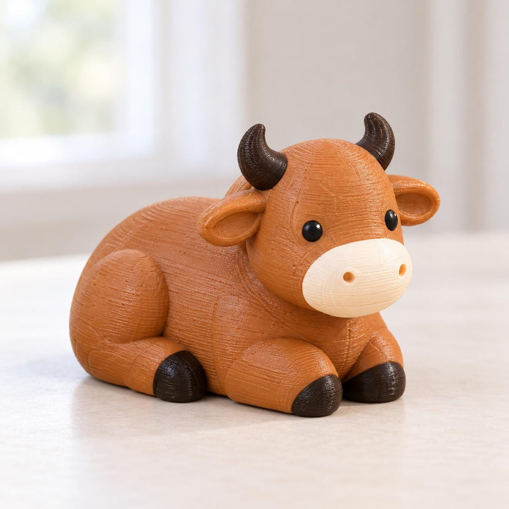 May include: A small, brown, 3D-printed figurine of a cow in a resting position. The cow features a light cream-colored muzzle, dark brown horns, and dark brown hooves. The surface has a visible layered texture from the printing process.