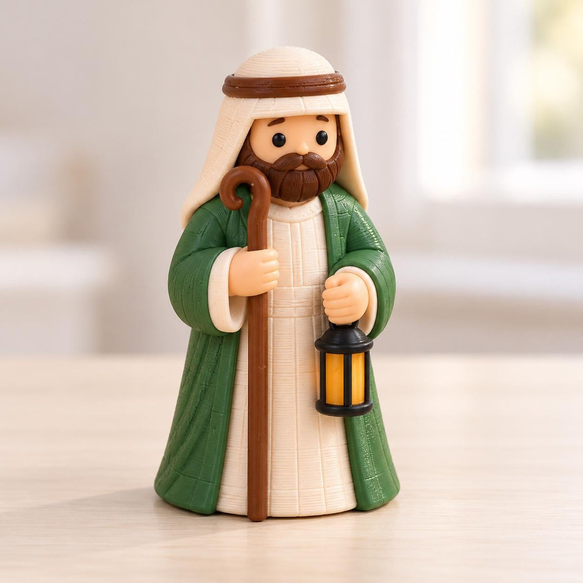May include: A figurine of a bearded person wearing a cream-colored head covering and robe with a green outer cloak. The figure holds a tall brown wooden staff in the right hand and a small black lantern with a yellow light in the left hand.