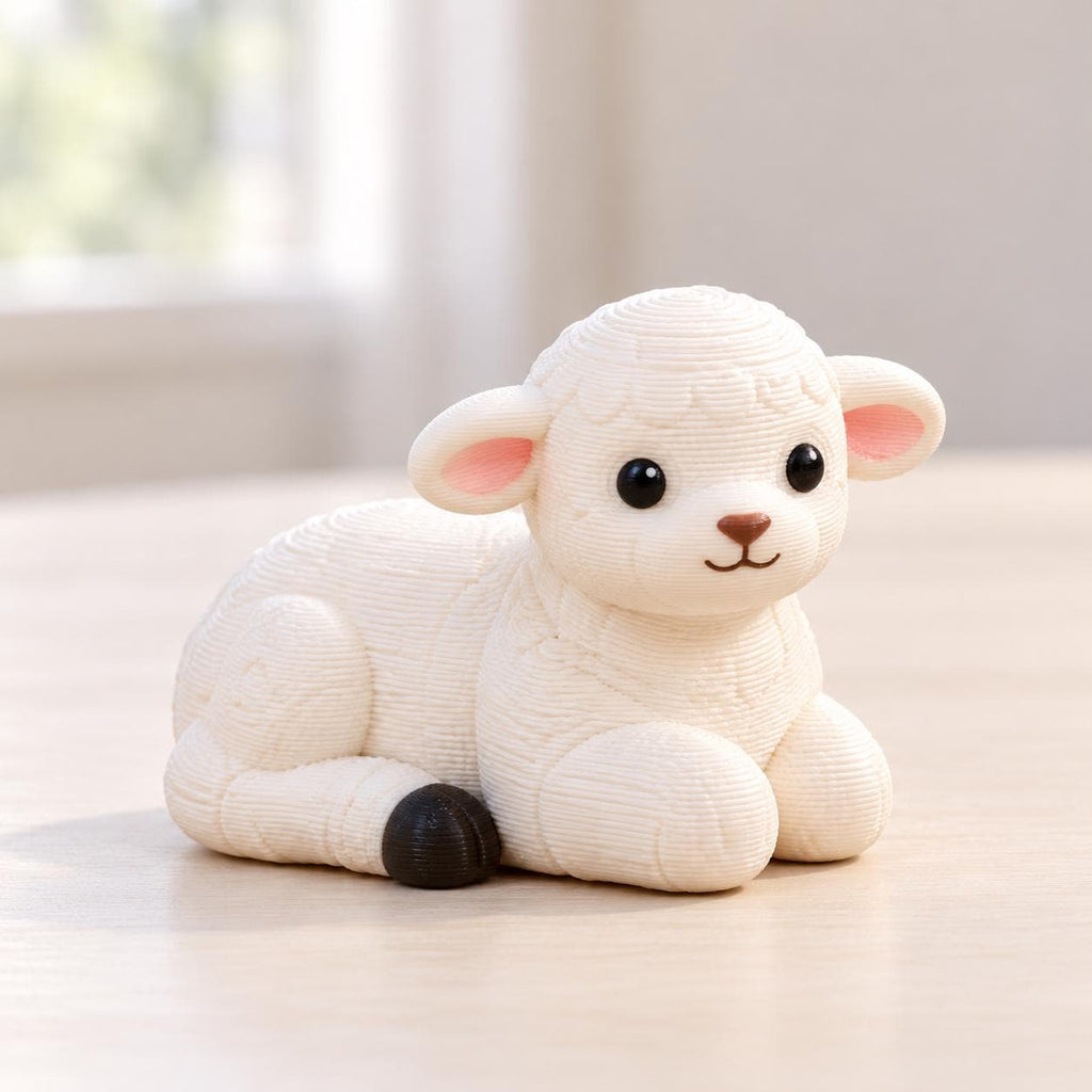 May include: A small, off-white figurine of a lamb in a resting position. The lamb features a textured, layered surface, large black eyes, a brown nose, and pink-tinted inner ears. One visible hoof is colored in a solid, dark black.