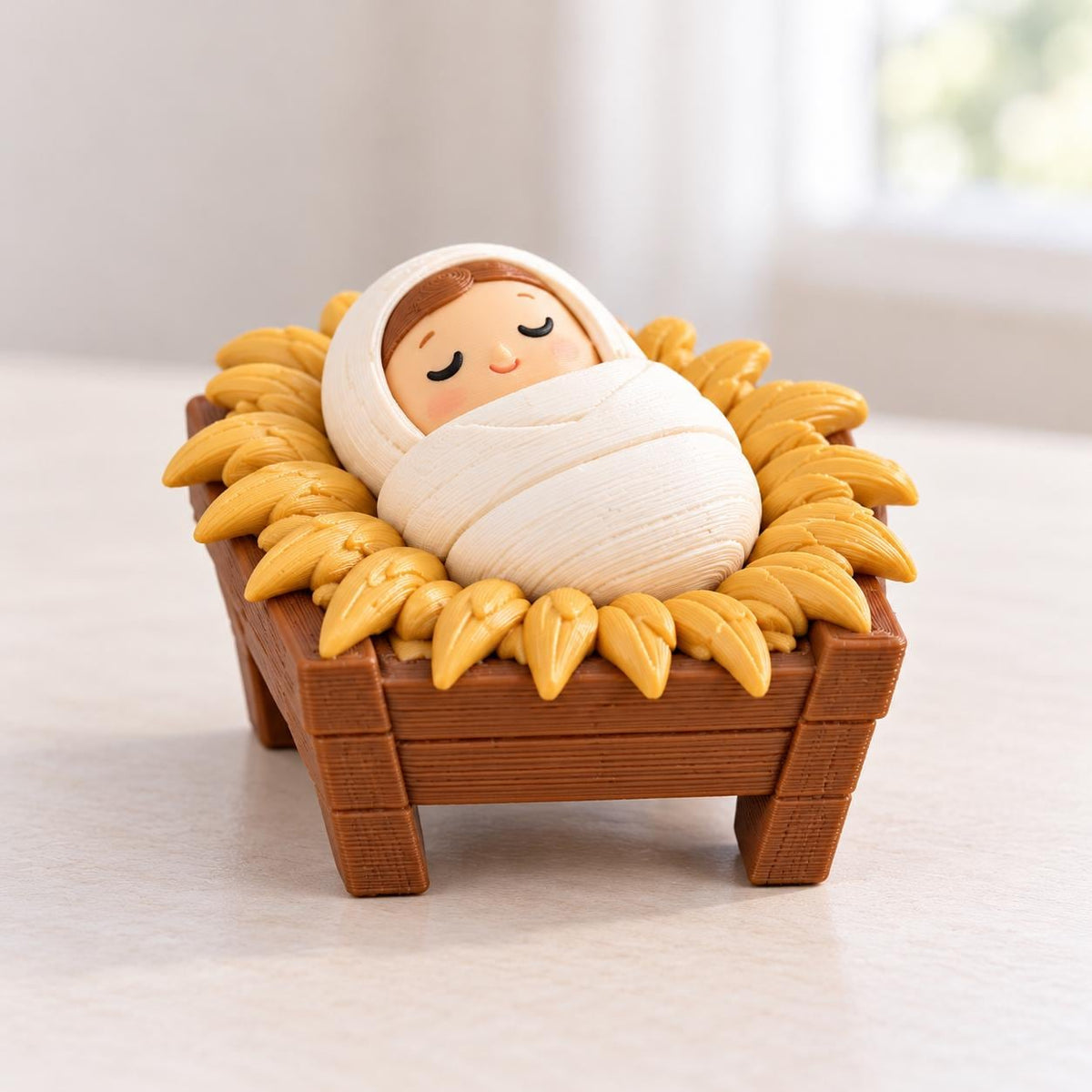 May include: A small figurine of a baby wrapped in white swaddling clothes, resting inside a brown wooden manger filled with yellow straw. The baby has a smooth, light-toned face with closed eyes and brown hair, nestled securely in the center.