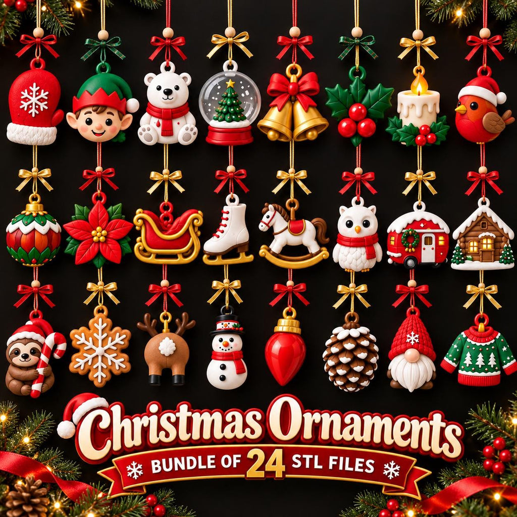 May include: A collection of 24 hanging Christmas ornaments featuring various holiday icons including a mitten, elf, polar bear, snow globe, bells, holly, candle, robin, bauble, poinsettia, sleigh, skate, horse, owl, camper, cabin, sloth, snowflake, reindeer, snowman, light bulb, pinecone, gnome, and sweater.