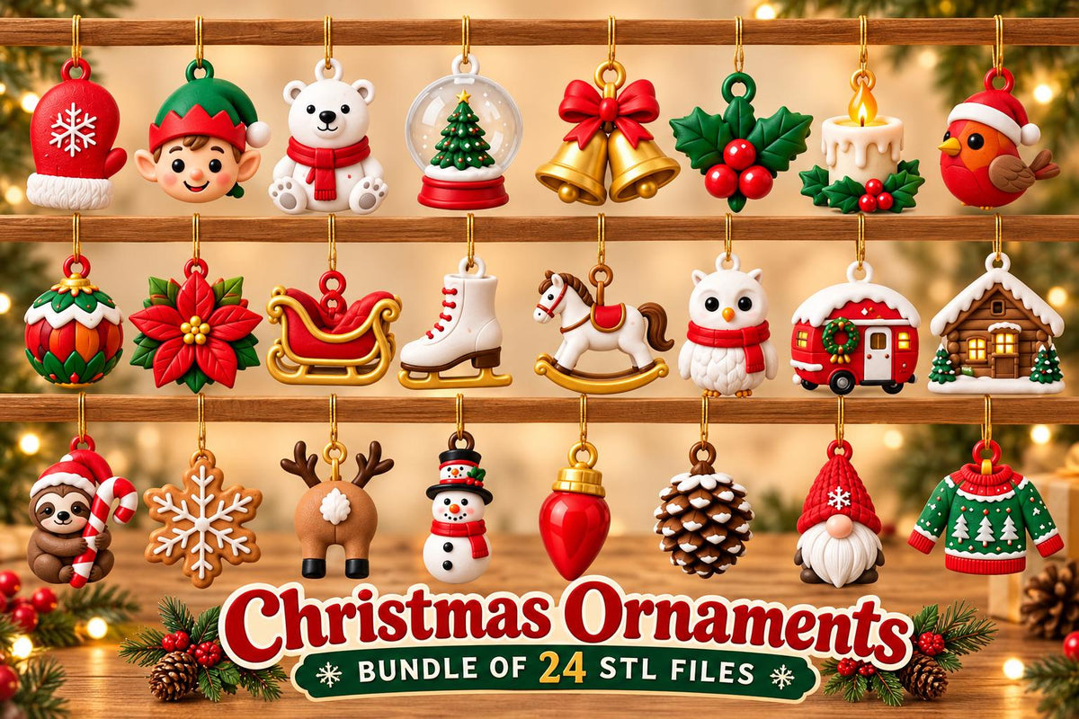 May include: A collection of 24 miniature Christmas ornaments hanging on a wooden rack, including a red mitten, elf, polar bear, snow globe, bells, holly, candle, robin, bauble, poinsettia, sleigh, skate, horse, owl, camper, house, sloth, snowflake, reindeer, snowman, bulb, pinecone, gnome, and sweater.