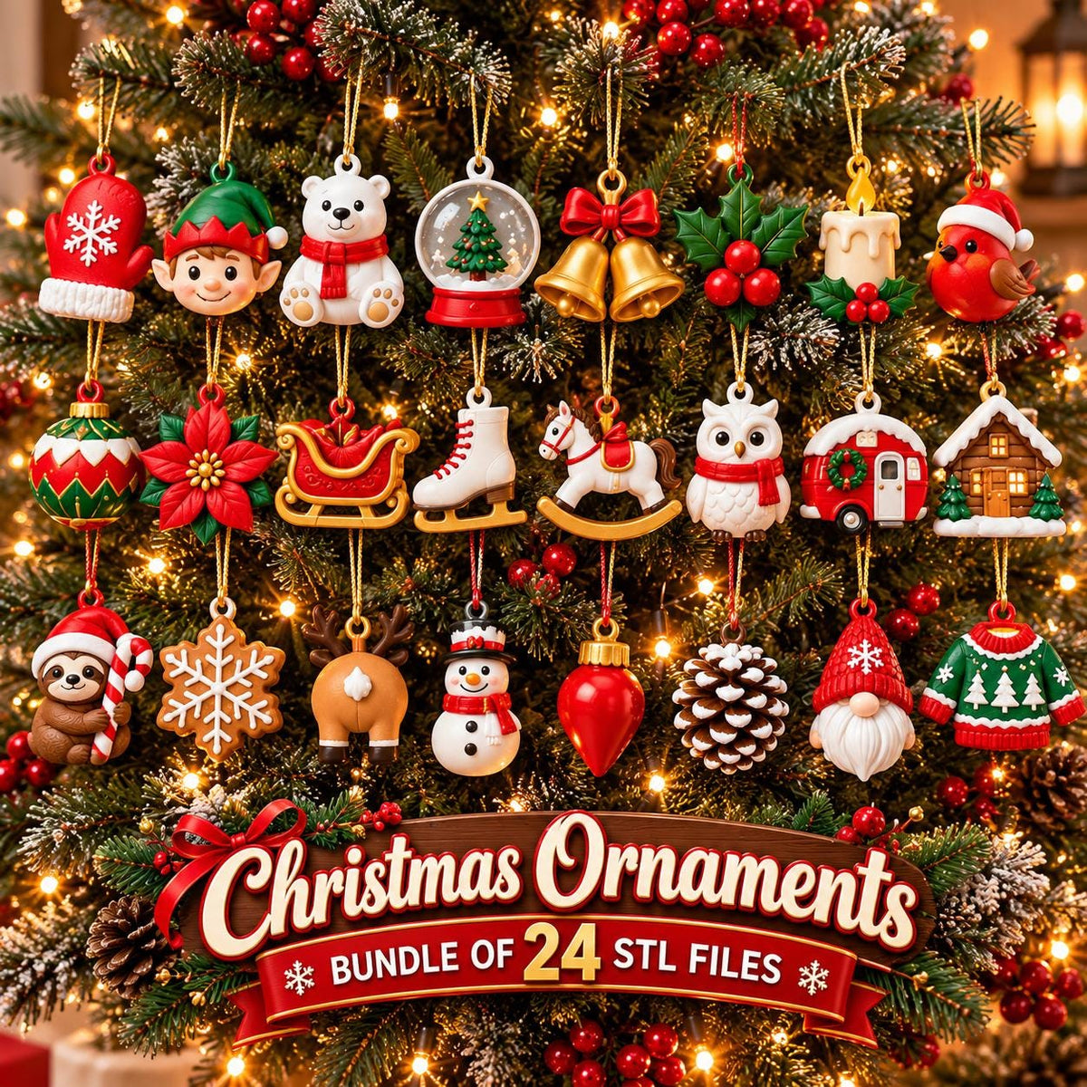 May include: A collection of 24 Christmas ornaments featuring various holiday designs including a red mitten, elf, polar bear, snow globe, bells, holly, candle, robin, sleigh, skate, rocking horse, owl, camper, house, sloth, snowflake, reindeer, snowman, pinecone, gnome, and sweater.