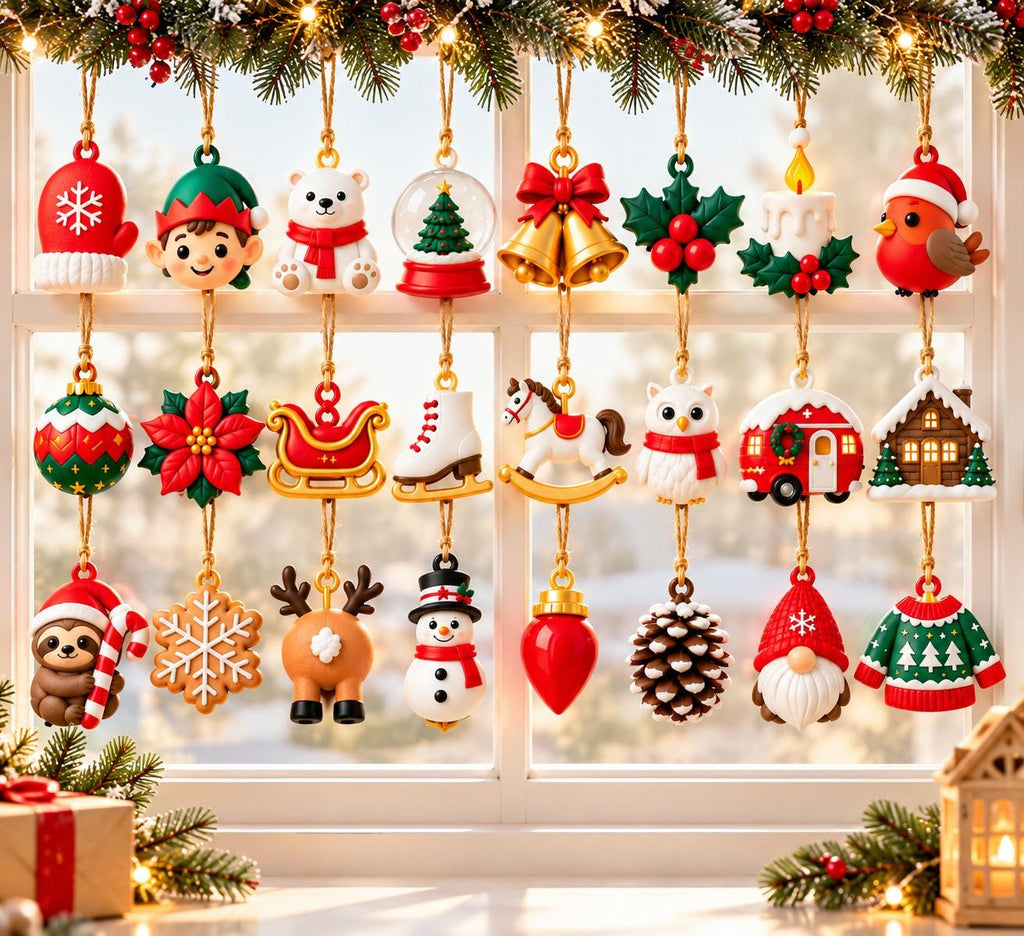May include: A collection of twenty-one colorful Christmas ornaments hanging in a window. The set includes figures like a mitten, elf, polar bear, snow globe, bells, holly, candle, bird, bauble, poinsettia, sleigh, skate, rocking horse, owl, camper, house, sloth, snowflake, reindeer, snowman, light bulb, pinecone, gnome, and sweater.
